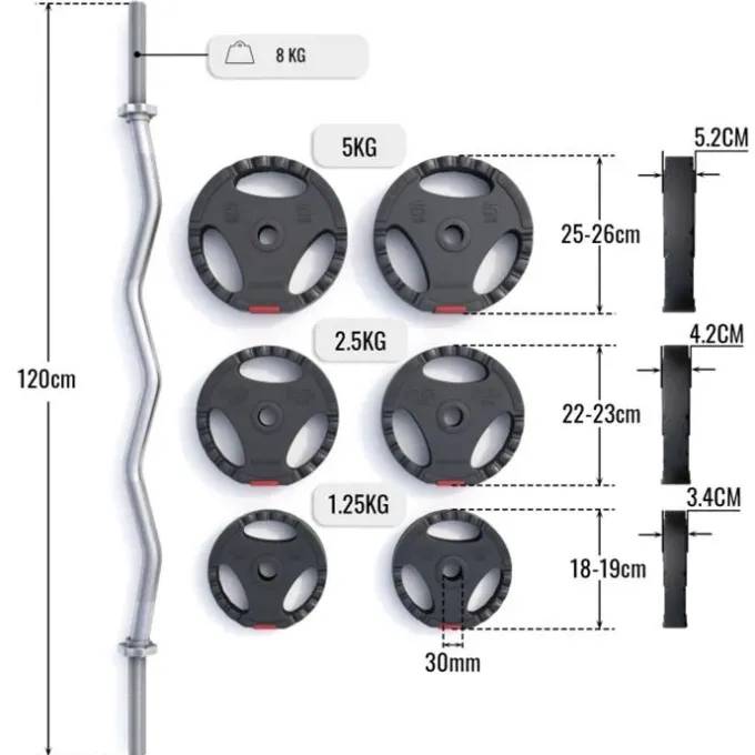 Curlstång PRO Trigrip - 25kg, Skivstångsset gummerade
